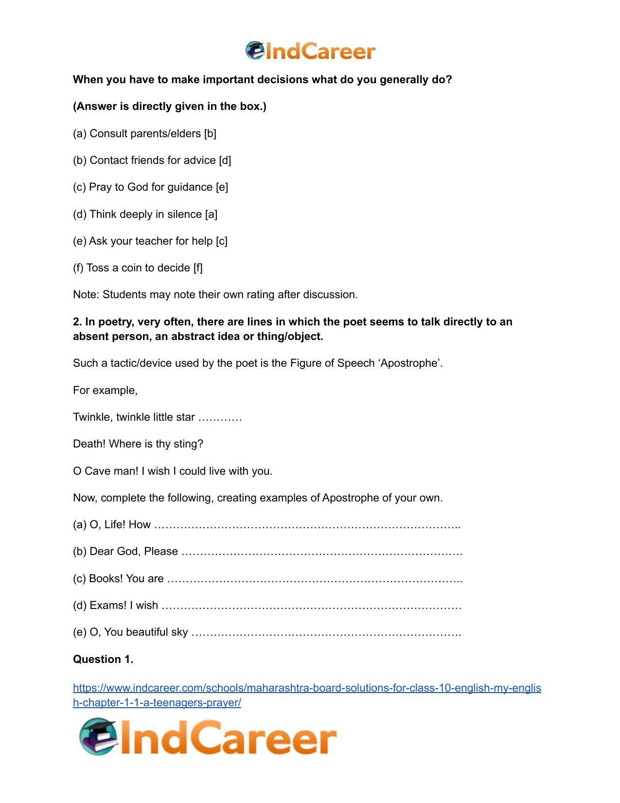 Maharashtra Board Solutions for Class 10- English (My English): Chapter 1.1- A Teenager’s Prayer - Page 3