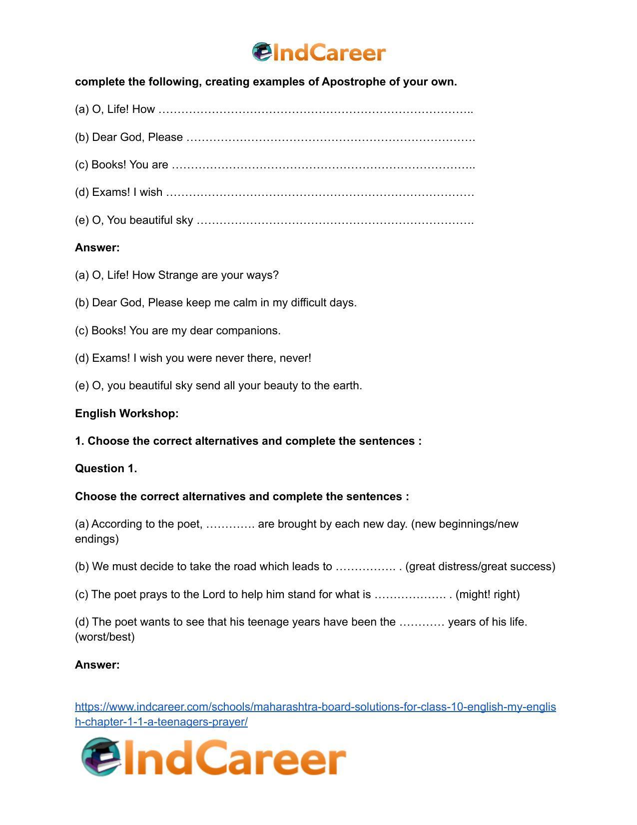 Maharashtra Board Solutions for Class 10- English (My English): Chapter 1.1- A Teenager’s Prayer - Page 4