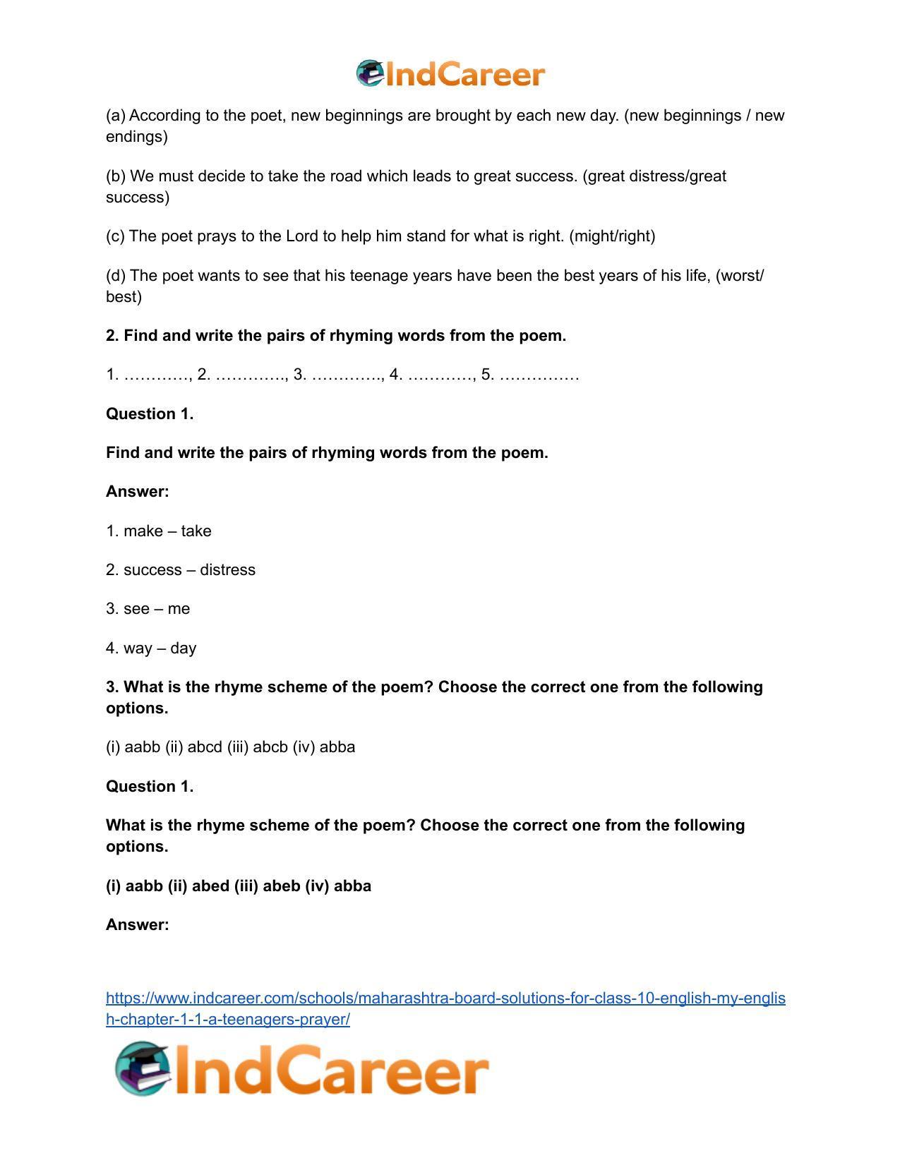 Maharashtra Board Solutions for Class 10- English (My English): Chapter 1.1- A Teenager’s Prayer - Page 5