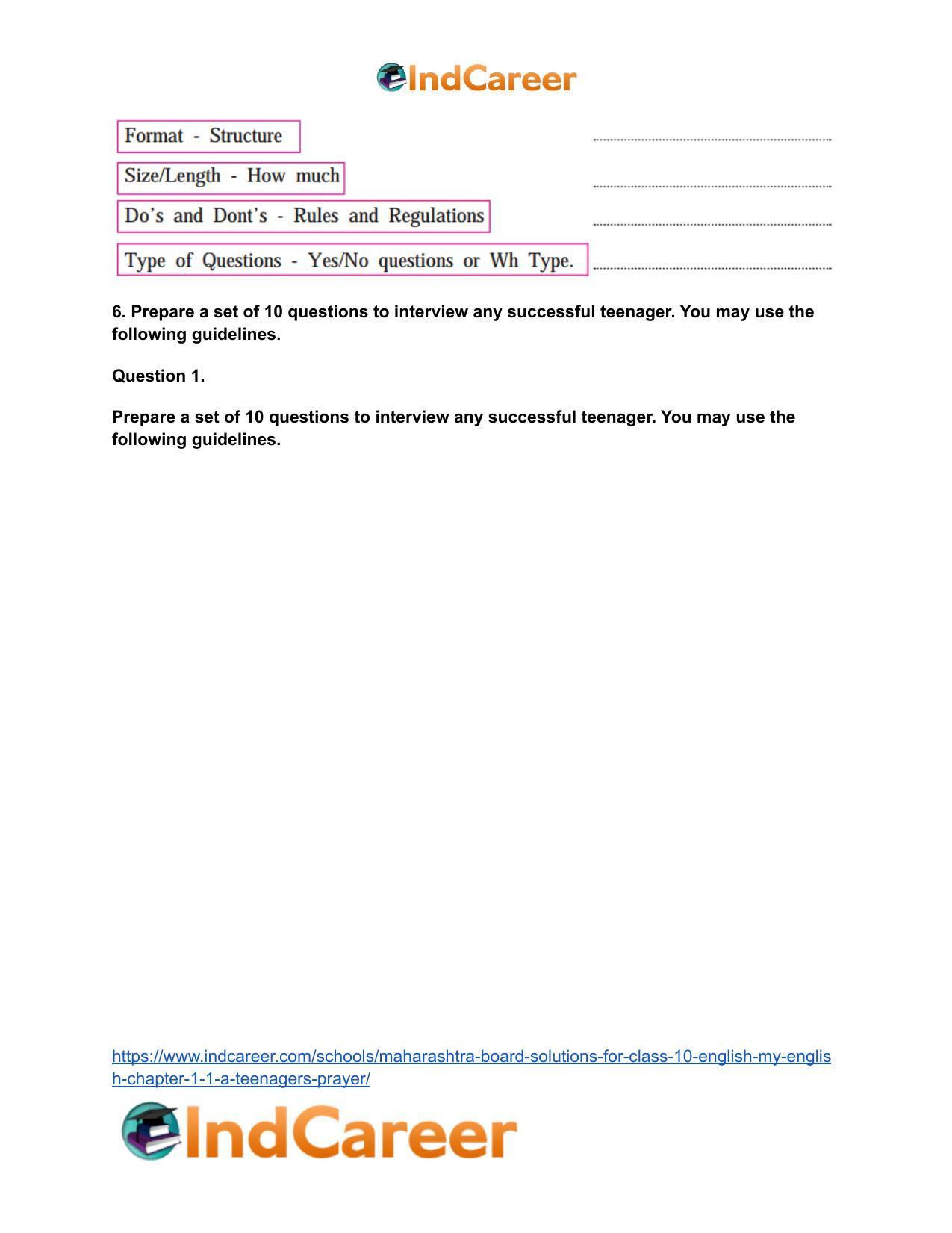 Maharashtra Board Solutions for Class 10- English (My English): Chapter 1.1- A Teenager’s Prayer - Page 7