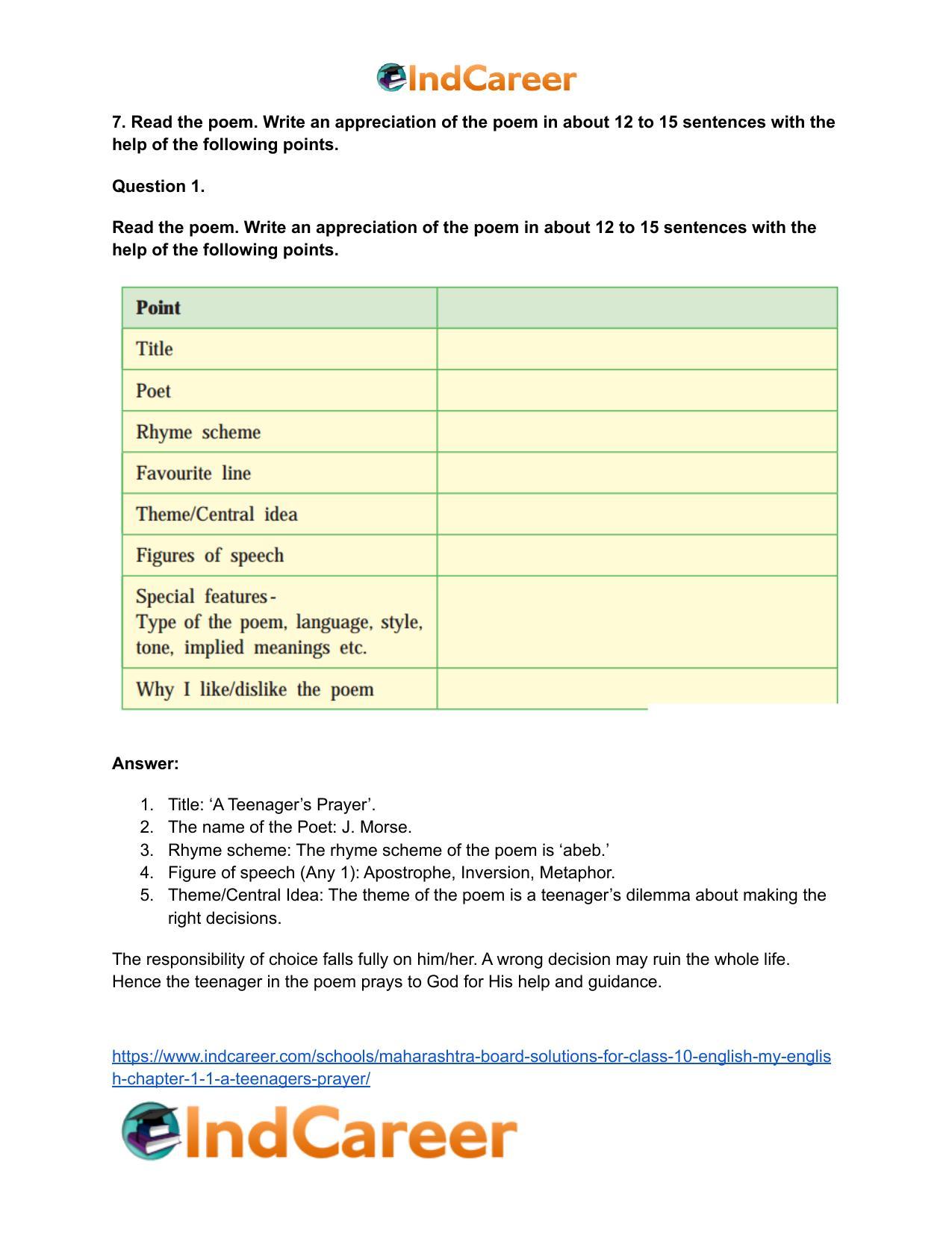 Maharashtra Board Solutions for Class 10- English (My English): Chapter 1.1- A Teenager’s Prayer - Page 9
