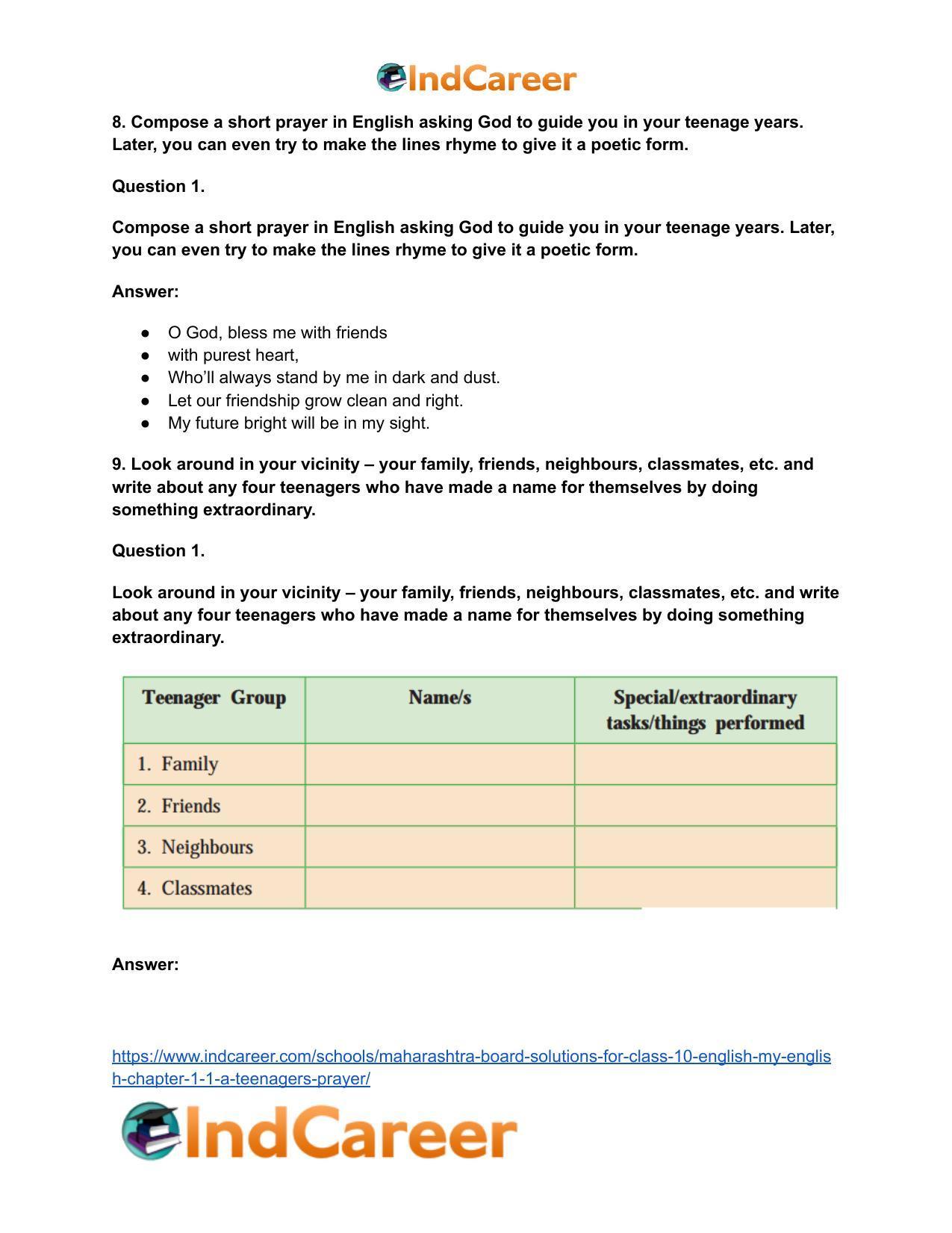 Maharashtra Board Solutions for Class 10- English (My English): Chapter 1.1- A Teenager’s Prayer - Page 10