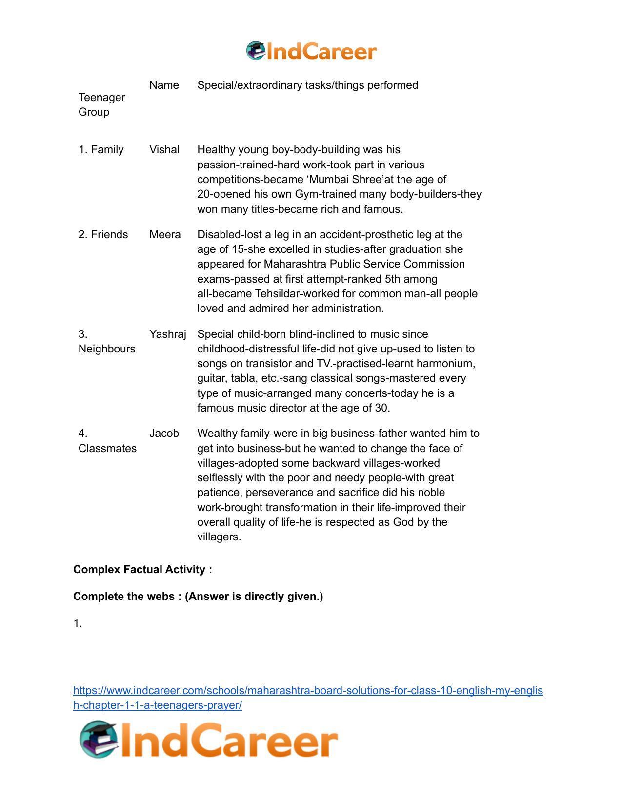 Maharashtra Board Solutions for Class 10- English (My English): Chapter 1.1- A Teenager’s Prayer - Page 11