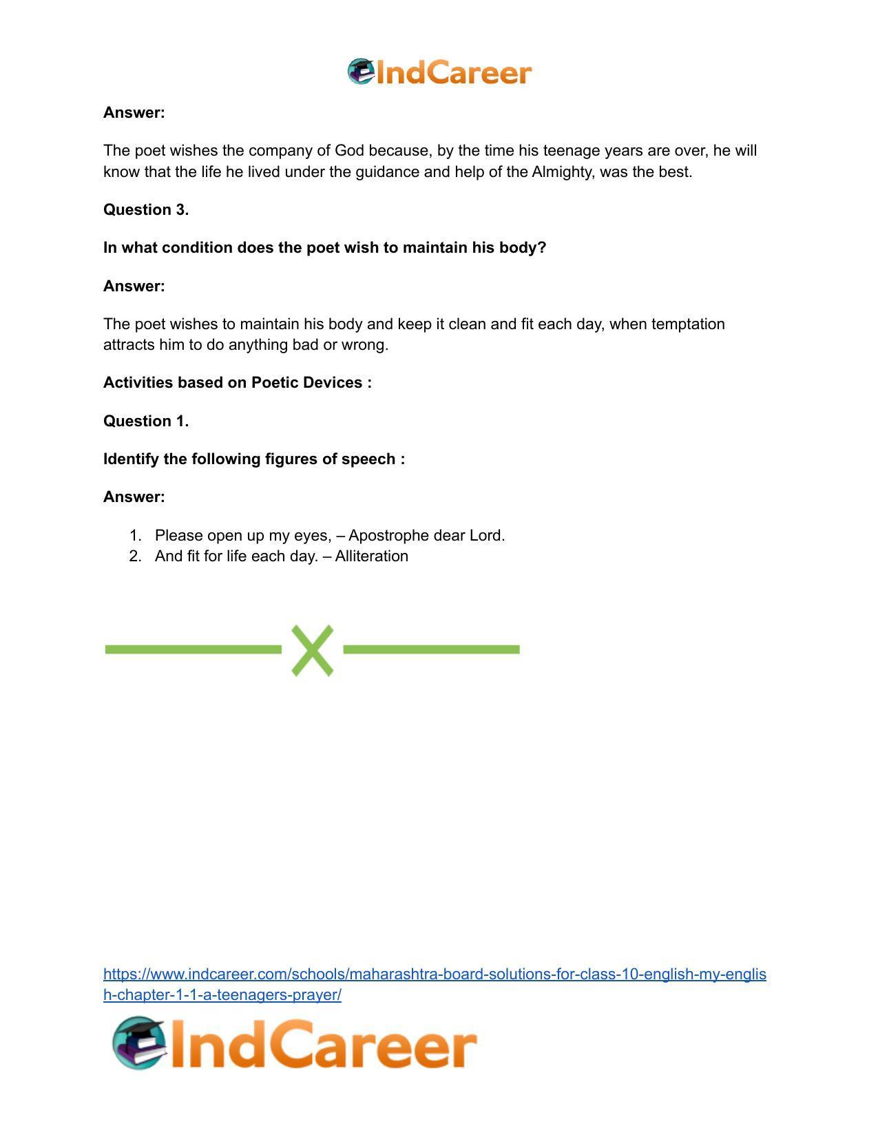 Maharashtra Board Solutions for Class 10- English (My English): Chapter 1.1- A Teenager’s Prayer - Page 13