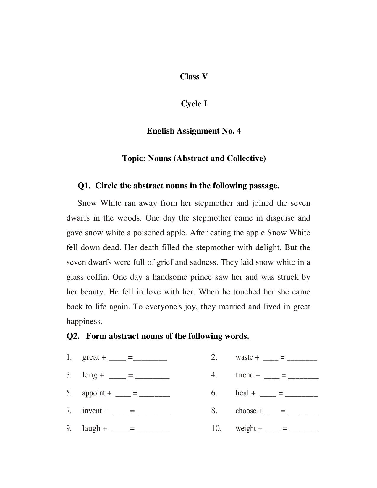 Worksheet for Class 5 English Assignment 6 - Page 1