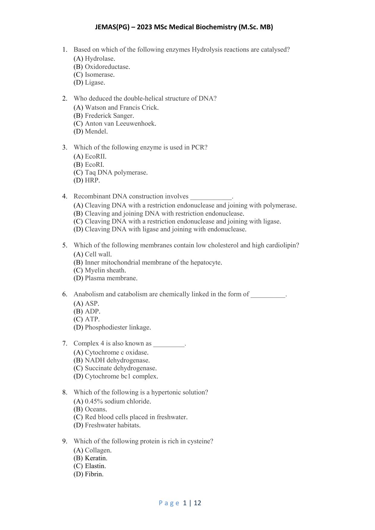 WB JEMAS (PG) M.Sc MB 2023 Question Paper - Page 2