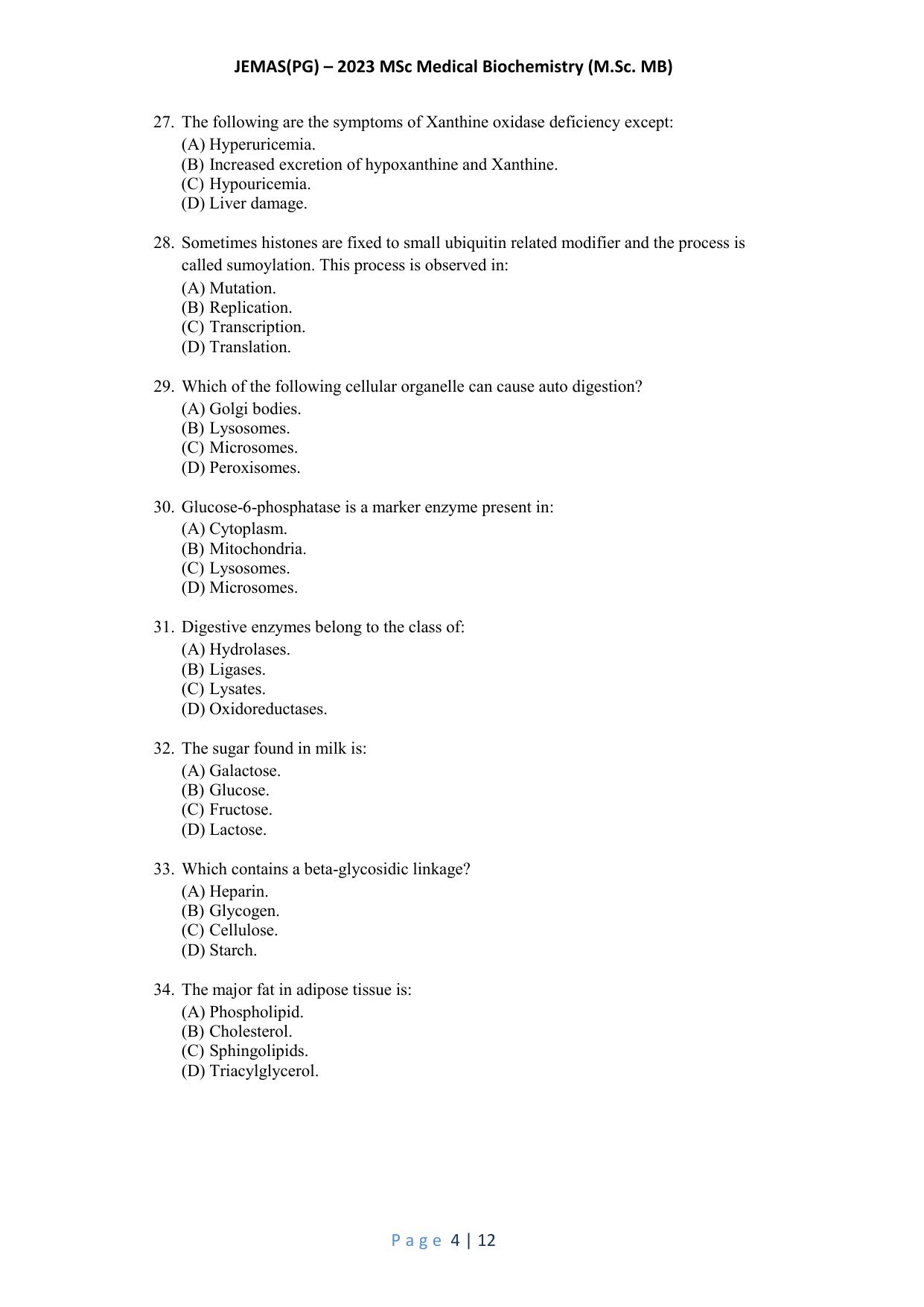 WB JEMAS (PG) M.Sc MB 2023 Question Paper - Page 5