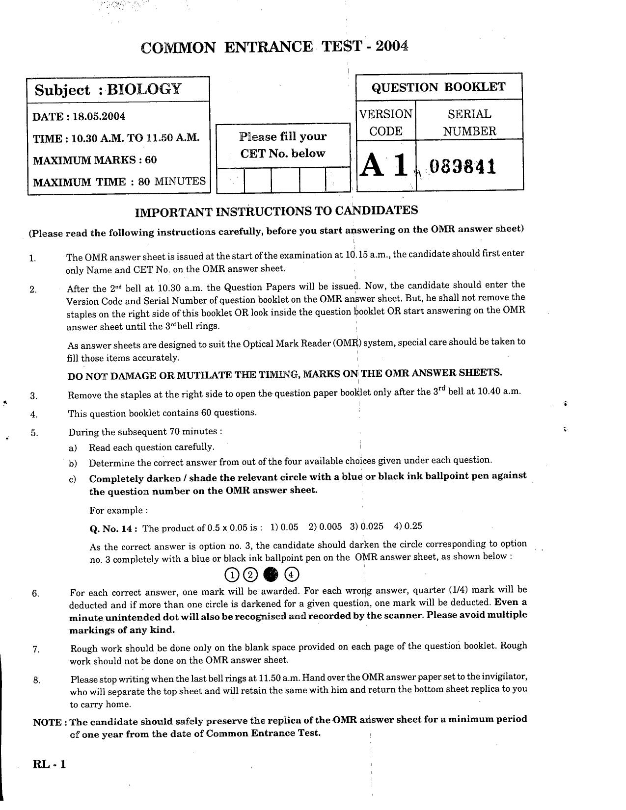 KCET Biology 2004 Question Papers - Page 1