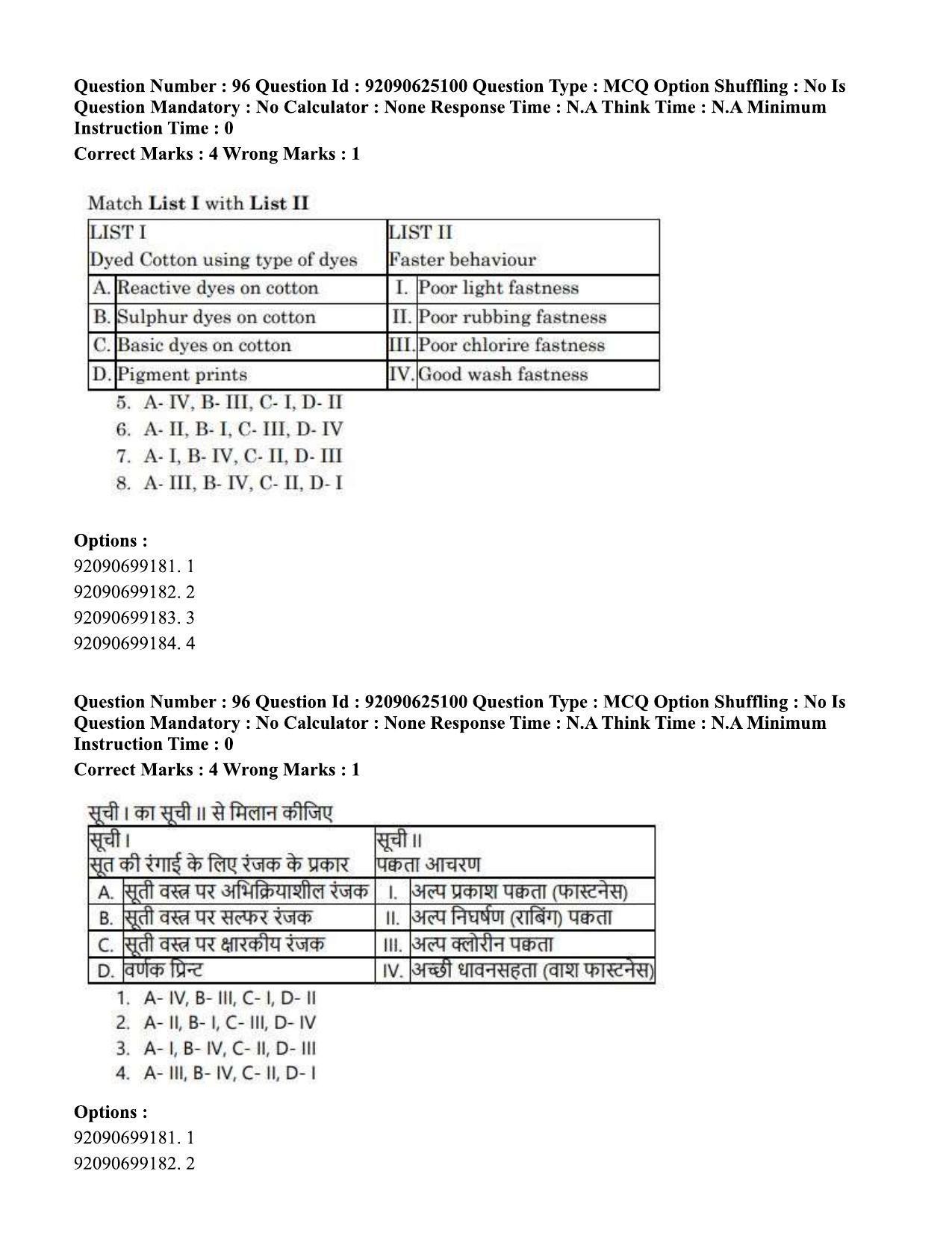 CUET PG 2023: MTQP12 – Textile Engineering (Eng) - Shift 3 (24-06-2023) Question Paper  - Page 91