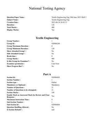 CUET PG 2023: MTQP12 – Textile Engineering (Eng) - Shift 3 (24-06-2023) Question Paper 