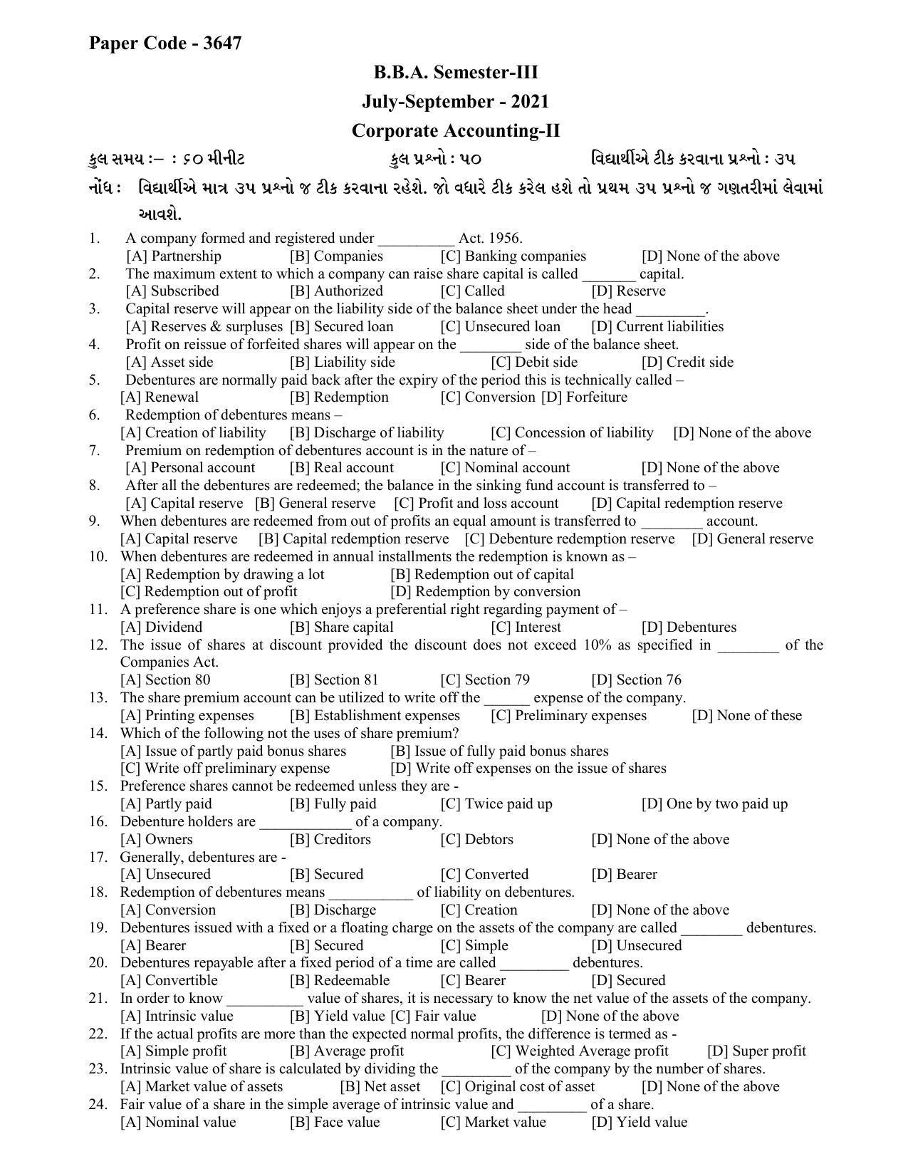 Hemchand North Gujarat University Sample Paper July-Sept 2021: B.B.A. Semester-III Corporate Accounting-II Paper Code - 3647 - Page 1
