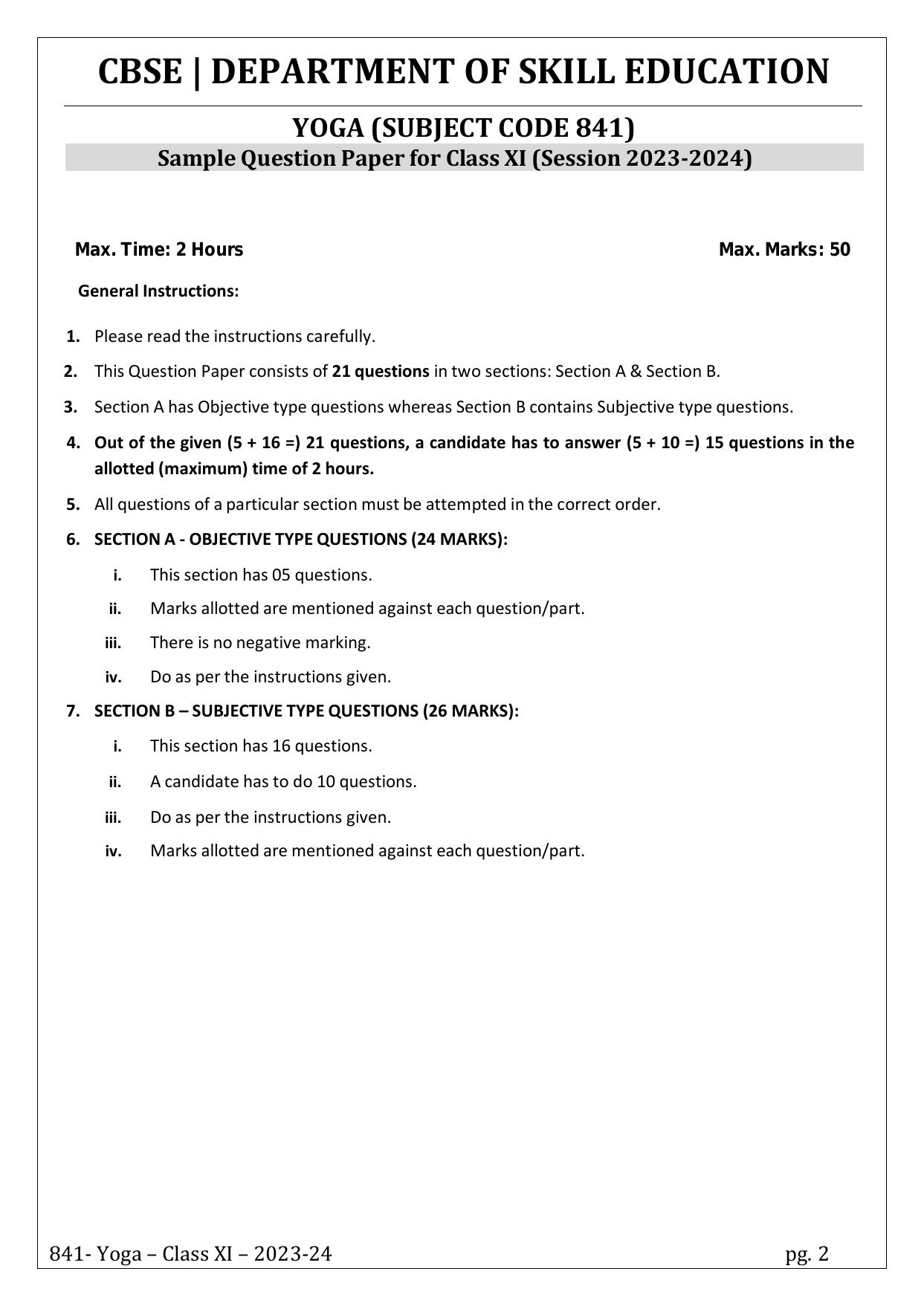 CBSE Class 11: Yoga 2024 Sample Paper - Page 2