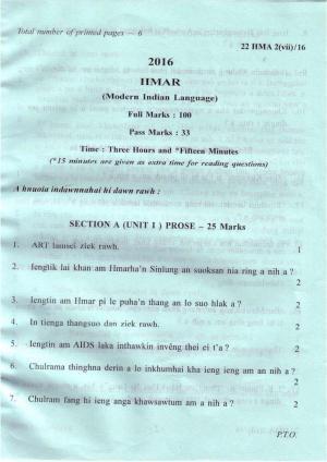 COHSEM Class 12 Hmar (M.I.L.) 2016 Question Papers