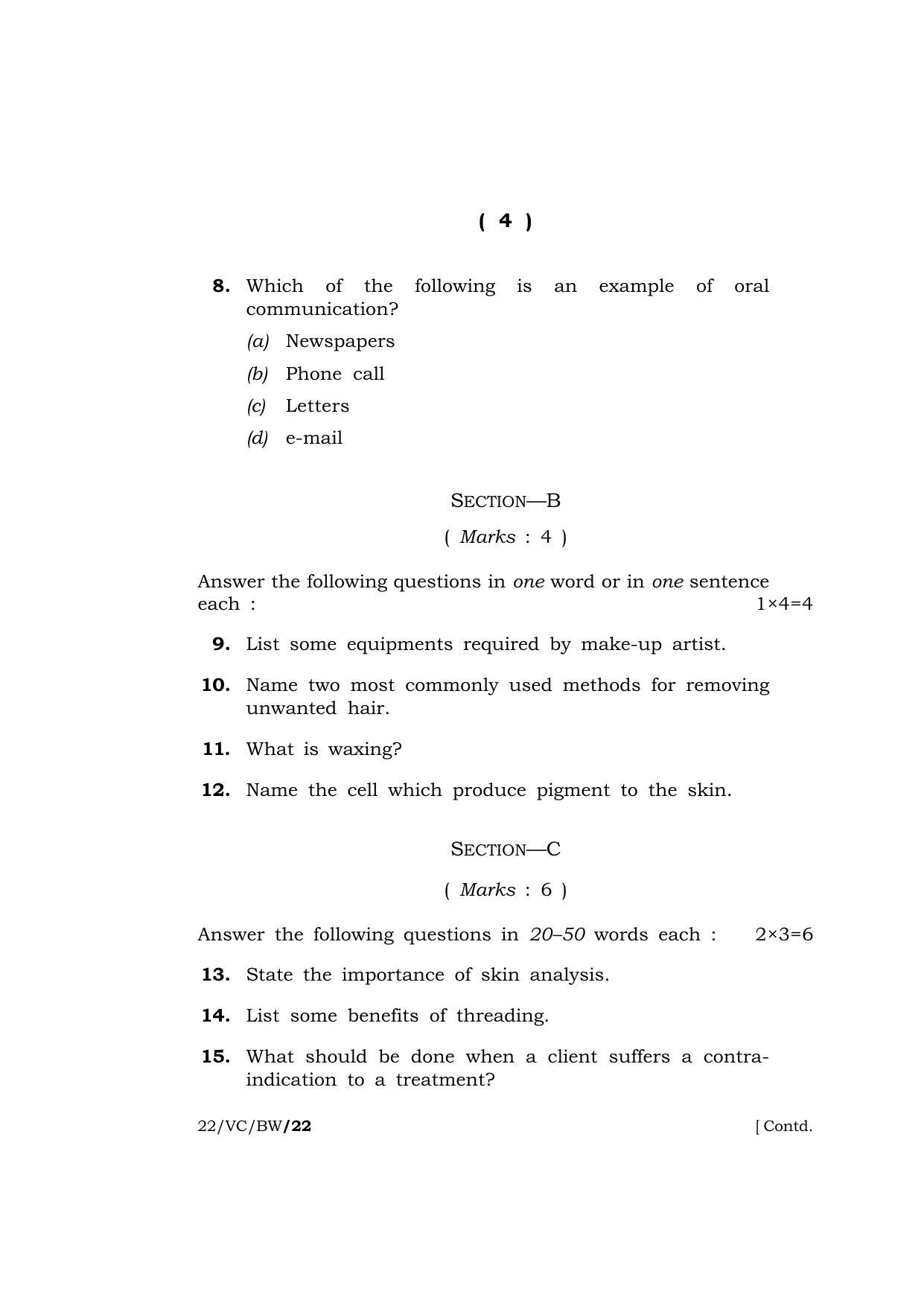 Meghalaya Board (MBOSE) Class 10 Beauty and Wellness  (22-VC-BW) 2022 Question Paper - Page 4