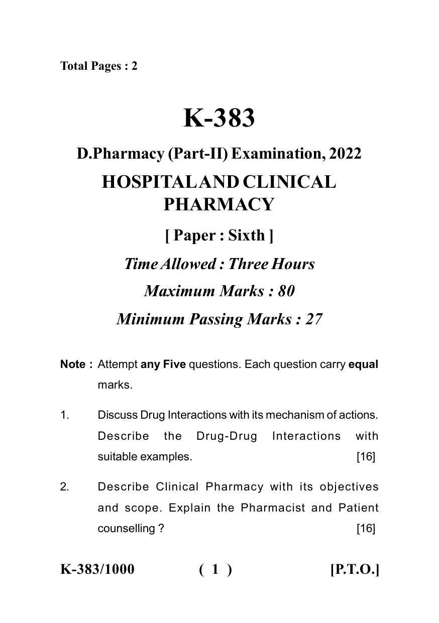 Sarguja University Question Paper - 2022 : Diploma In Pharmacy Part-II Hospital & Clinical Pharmacy Paper I - Page 1