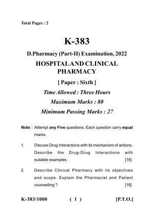 Sarguja University Question Paper - 2022 :   Diploma In Pharmacy Part-II Hospital & Clinical Pharmacy Paper I