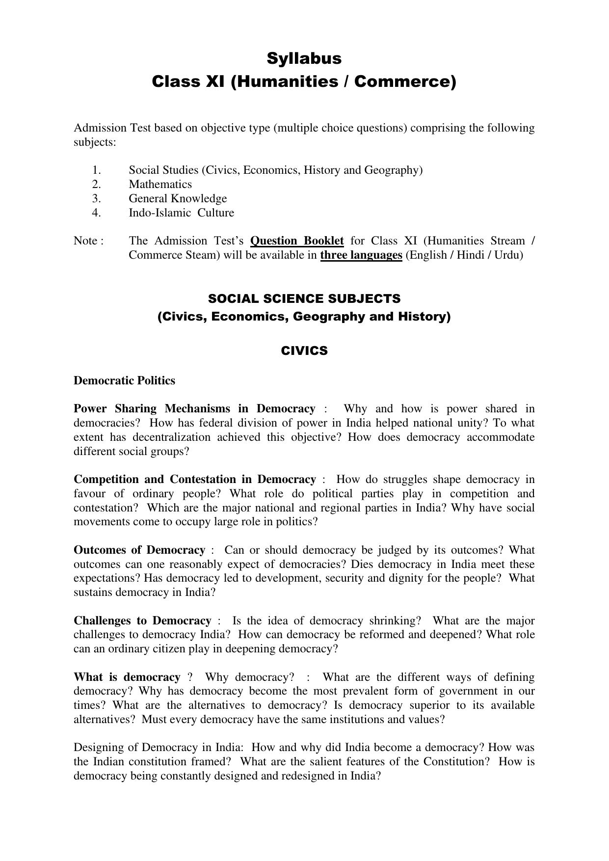 AMU Entrance Exam: XI Humanities/Commerce Syllabus - Page 1