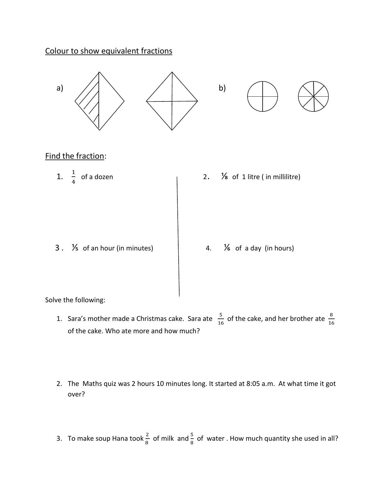 Worksheet for Class 4 Maths Fractions and Time Assignment 2 - Page 2