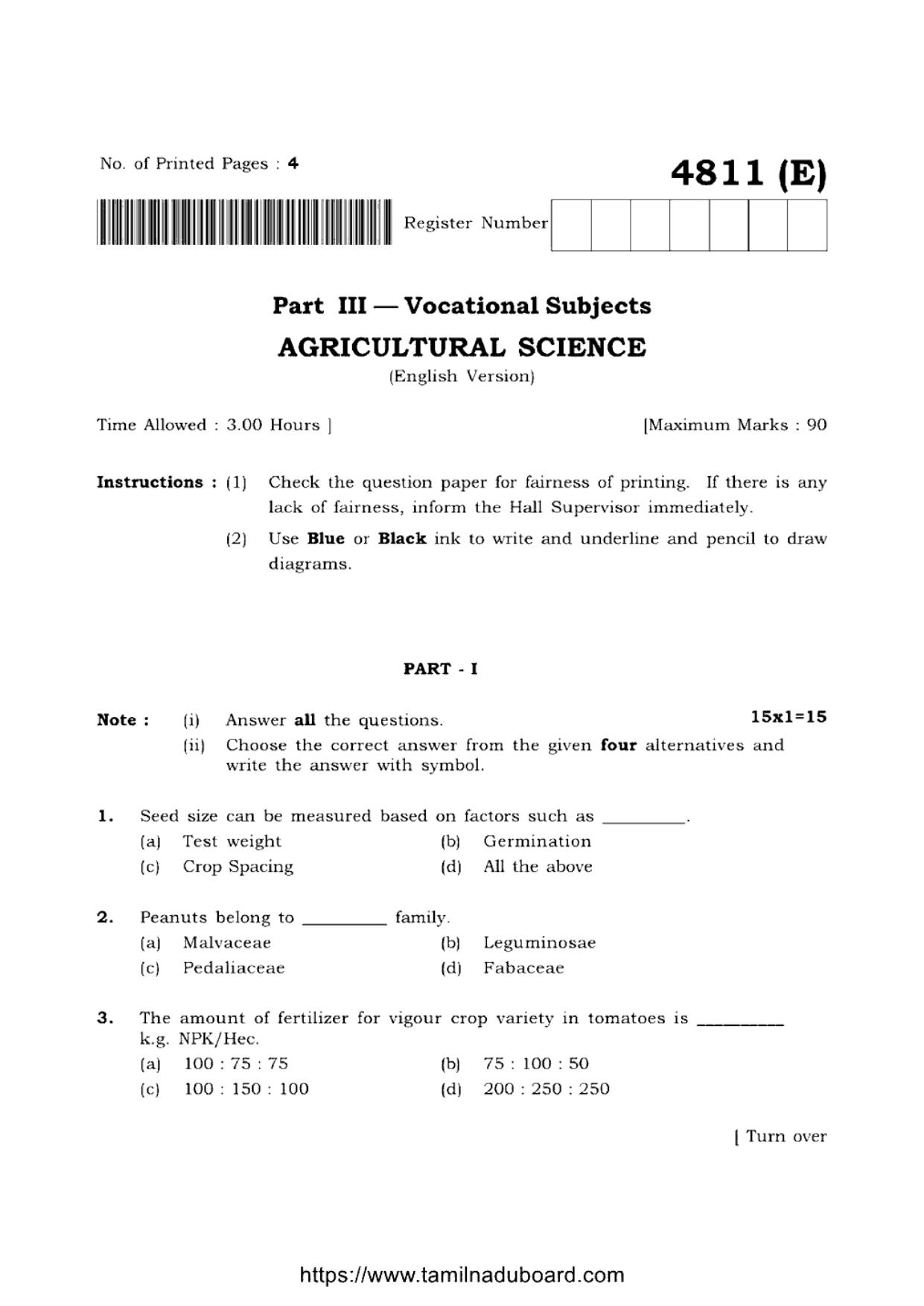 TN Class 12 Agricultural Science 4811 Question Papers 2021 - Page 1