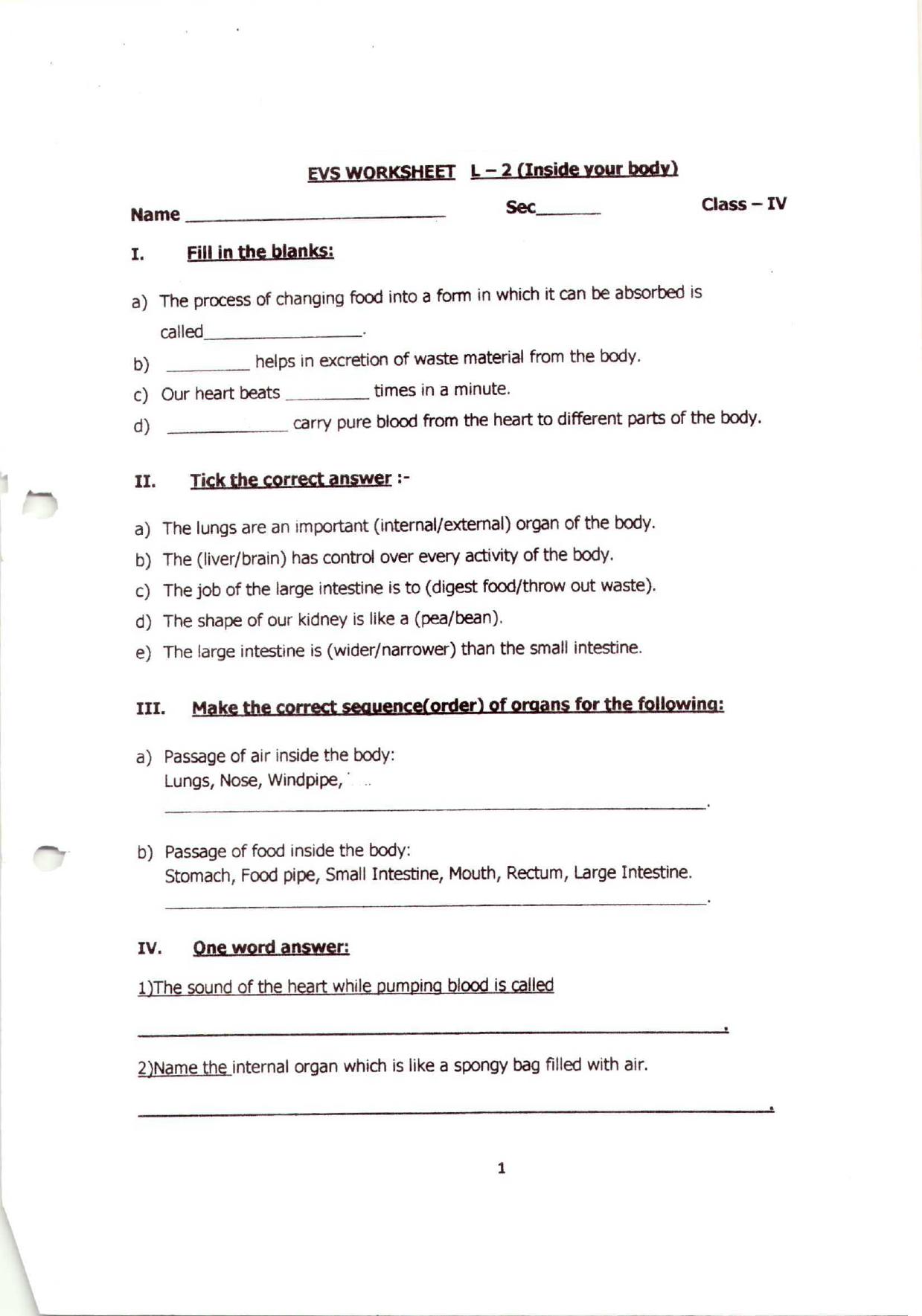 Worksheet for Class 4 Science Inside Your Body Assignment - Page 1