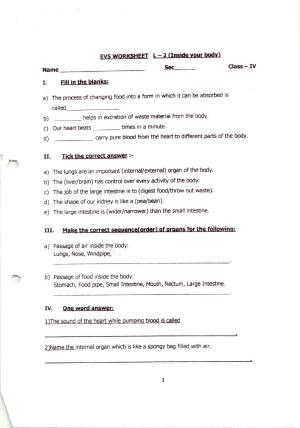 Worksheet for Class 4 Science Inside Your Body Assignment