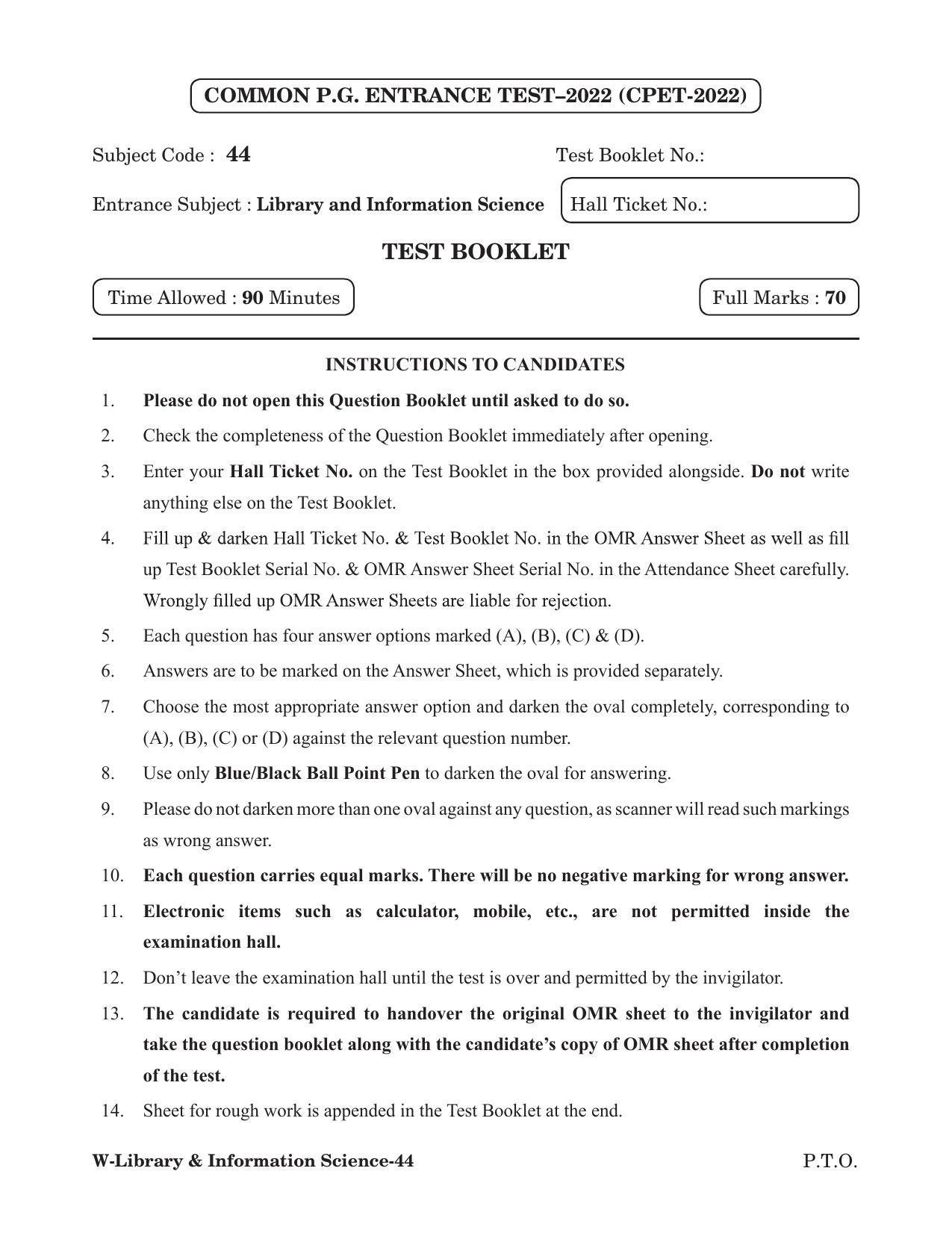 Odisha CPET 2022 LIBRARY SCIENCE Question Paper - Page 1