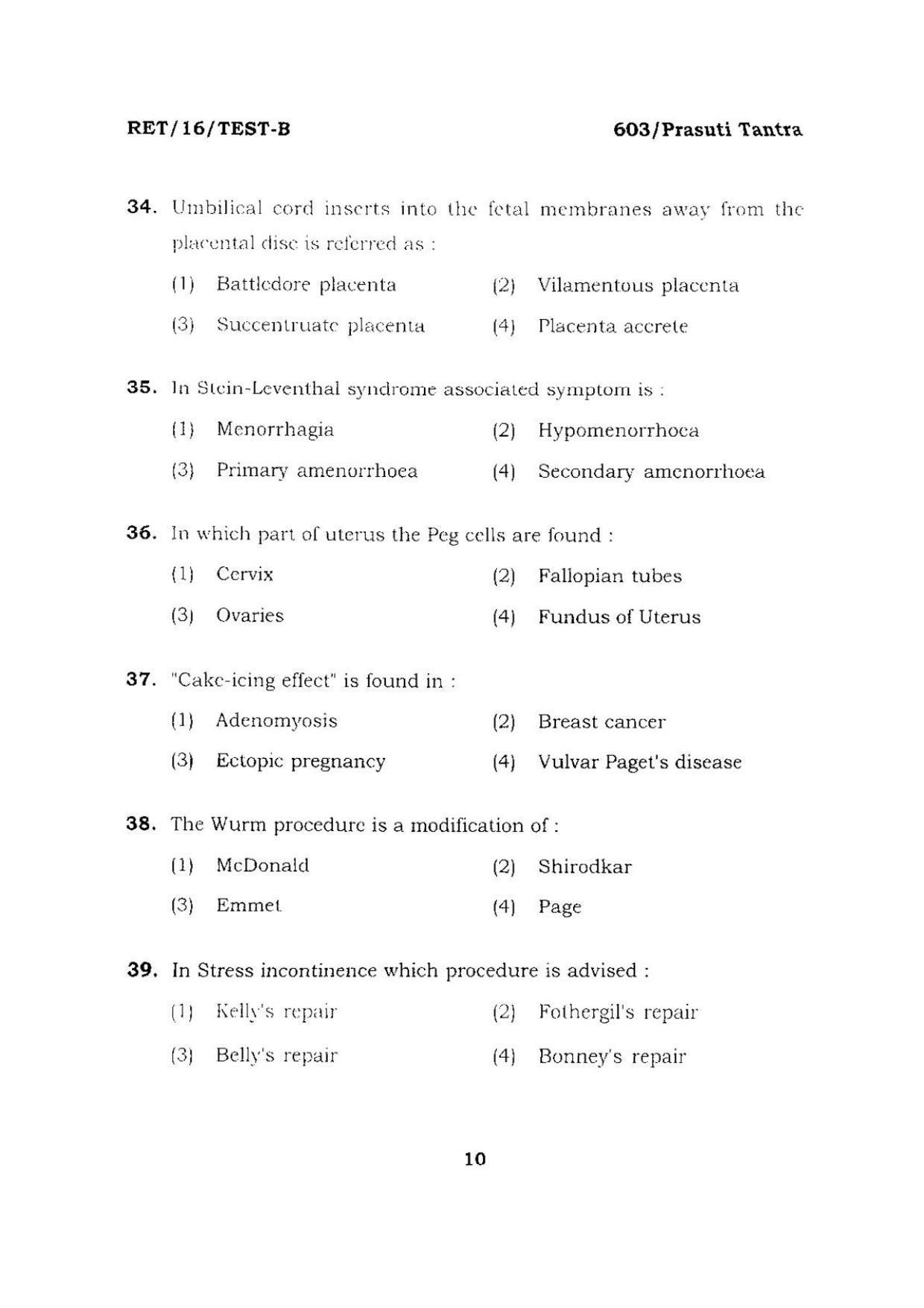 BHU RET PRASUTI TANTRA 2016 Question Paper - Page 10