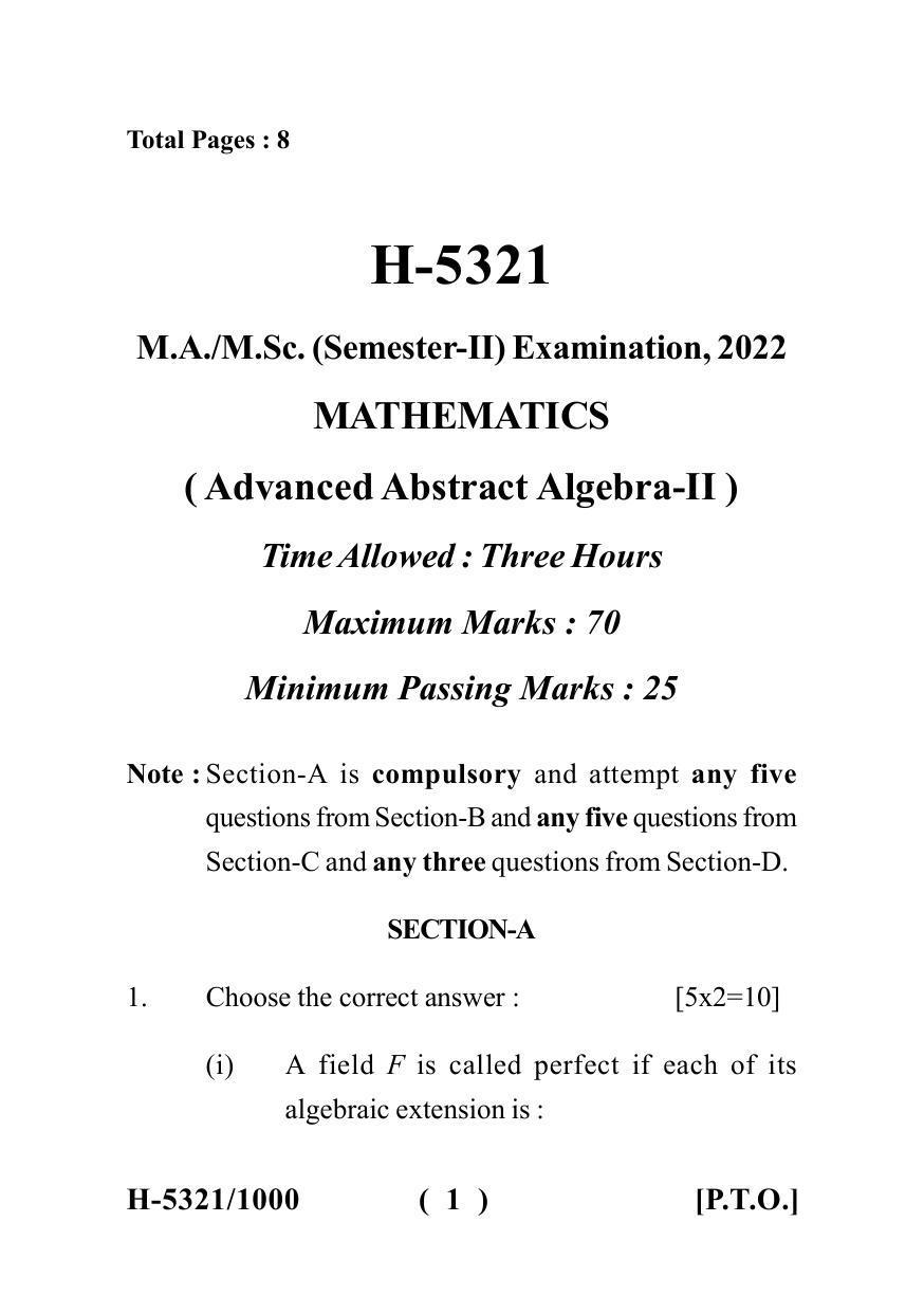 Sarguja University Question Paper July-2022 : M.Sc.In Mathematics(Second Sem.)Advanced Abstract Algebra II Paper 1 - Page 1