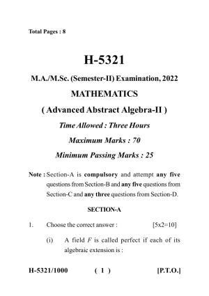  Sarguja University Question Paper July-2022 :   M.Sc.In Mathematics(Second Sem.)Advanced Abstract Algebra II Paper 1