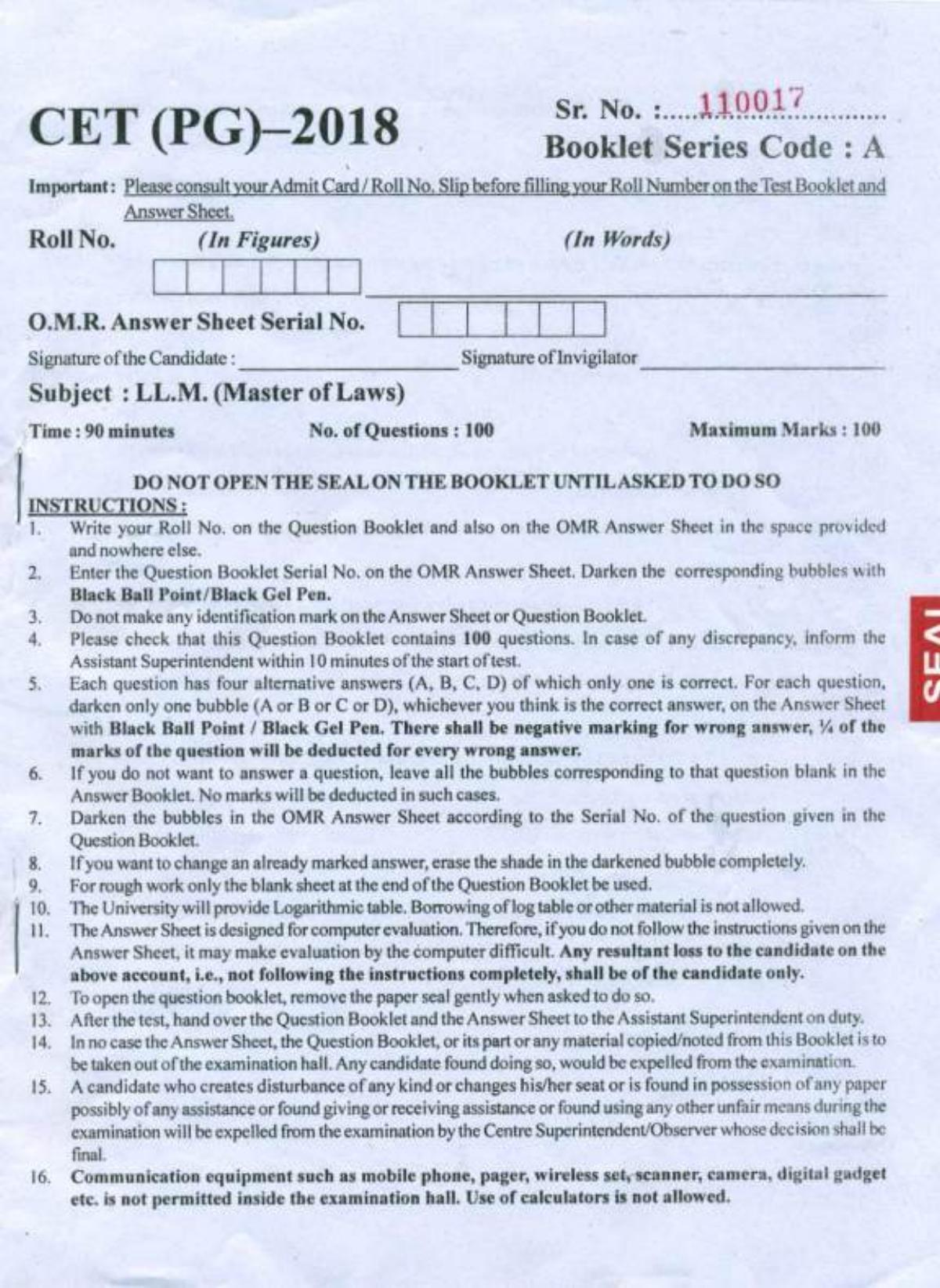 PU CET PG 2018 LLM Question Paper - Page 1