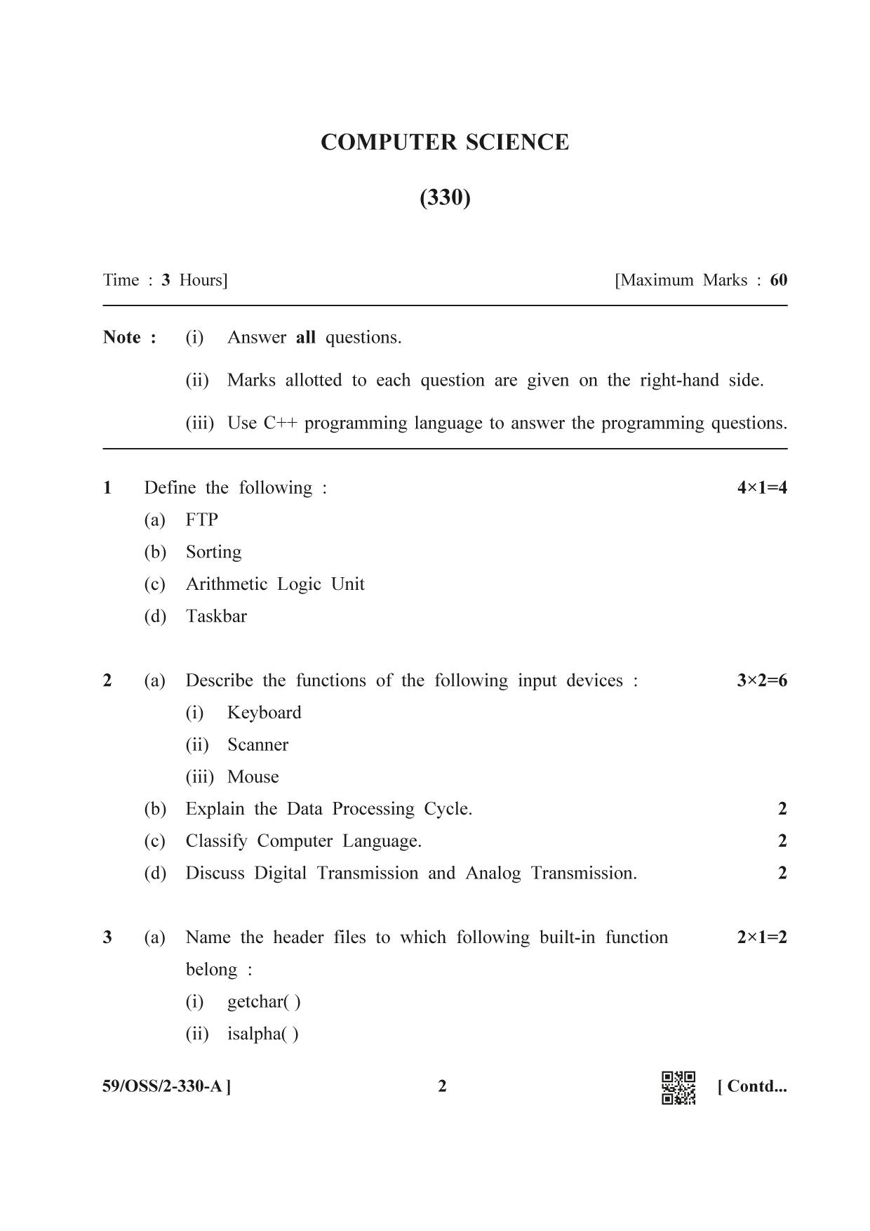 NIOS October 2019 Class 12 Computer Science (SET A) Question Paper - Page 2
