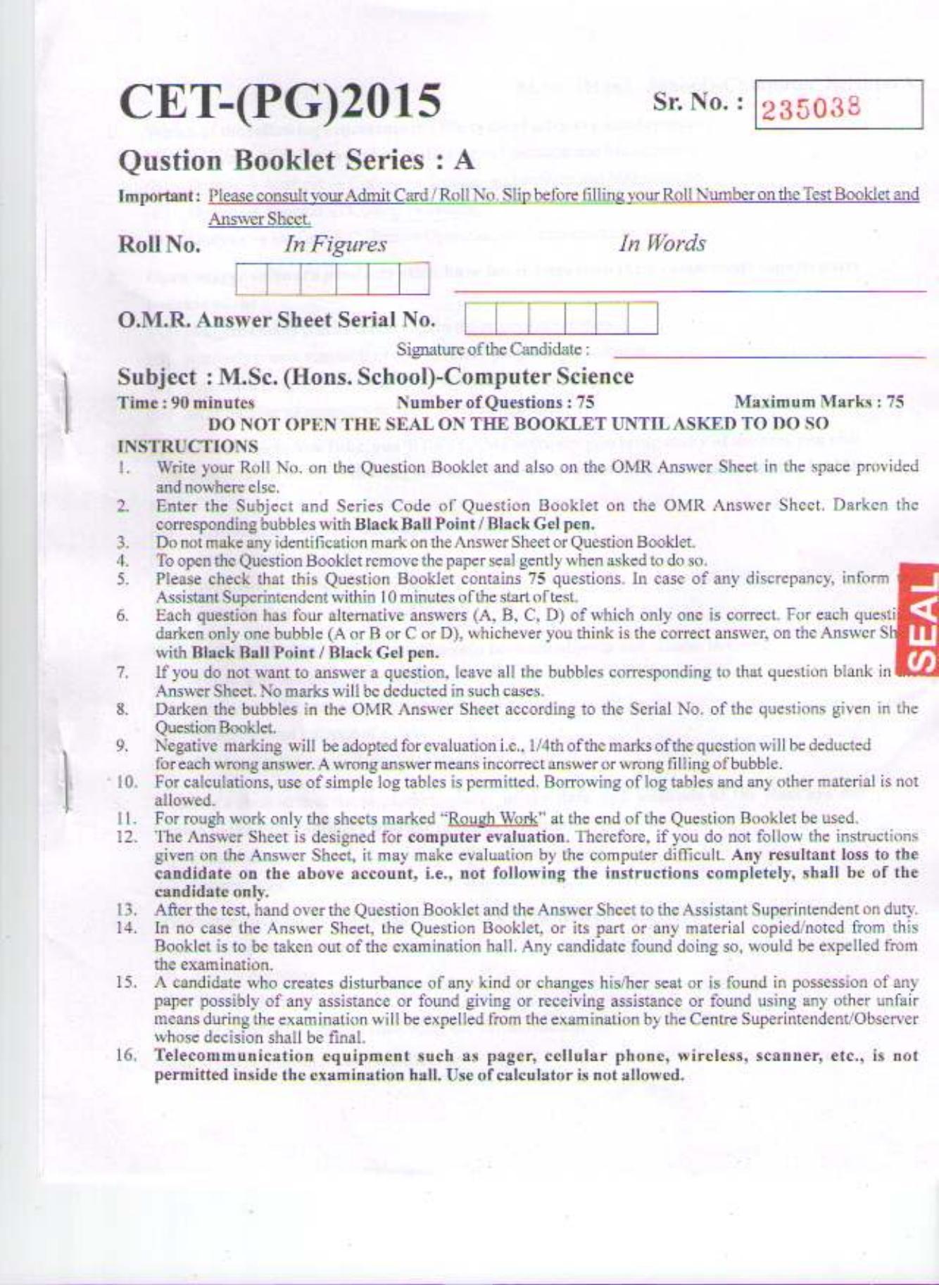 PU CET PG 2015: MSc (HS)(Computer Science) Question Paper - Page 1