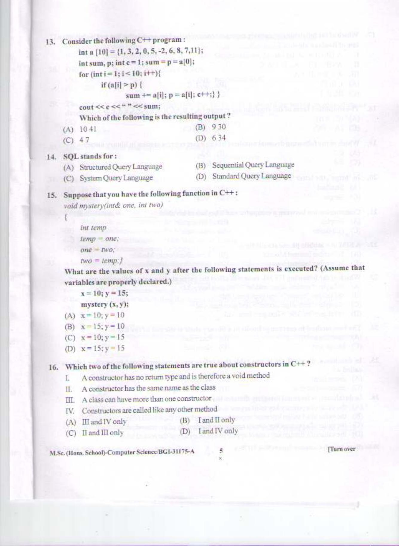 PU CET PG 2015: MSc (HS)(Computer Science) Question Paper - Page 4