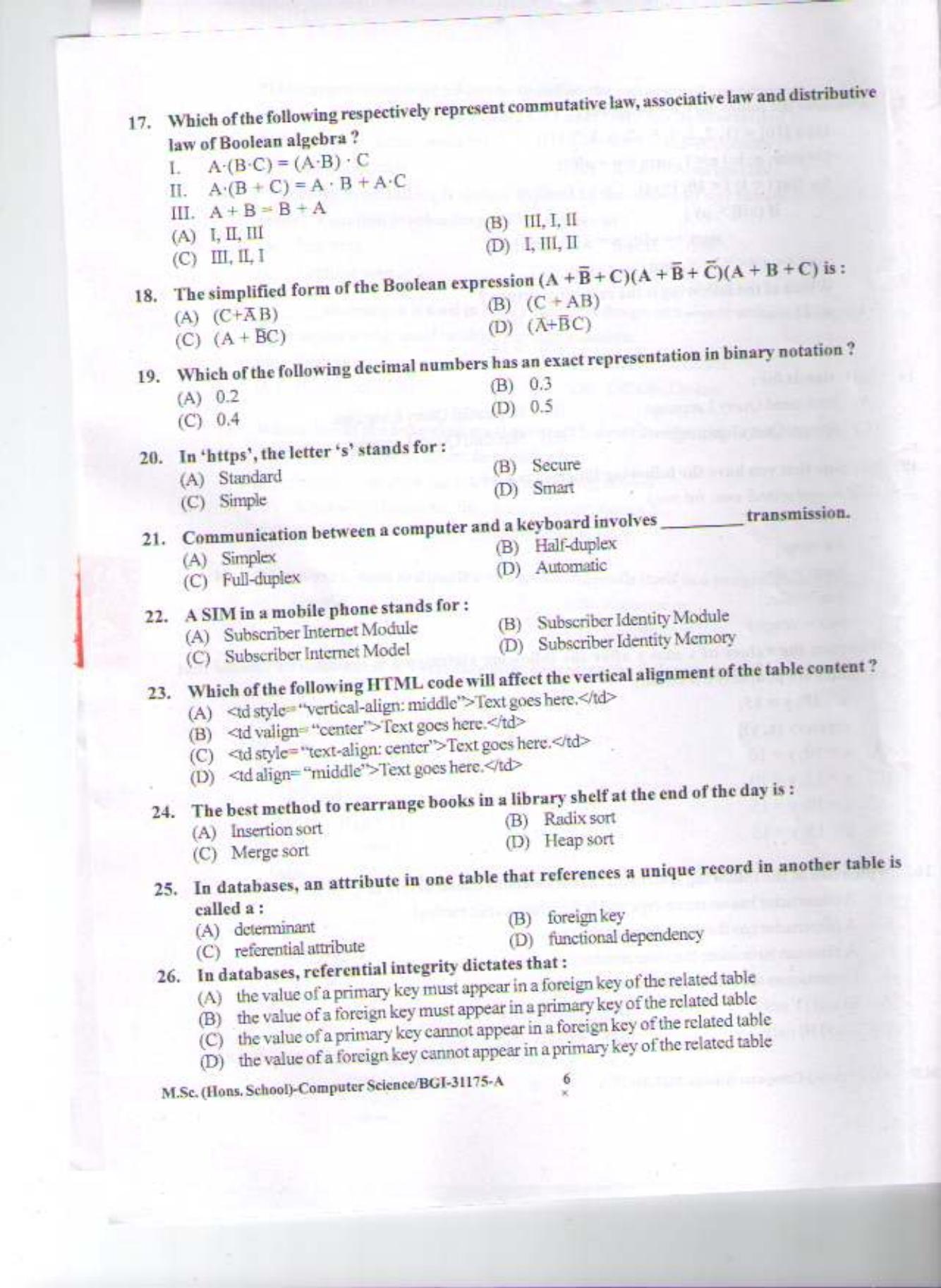 PU CET PG 2015: MSc (HS)(Computer Science) Question Paper - Page 5
