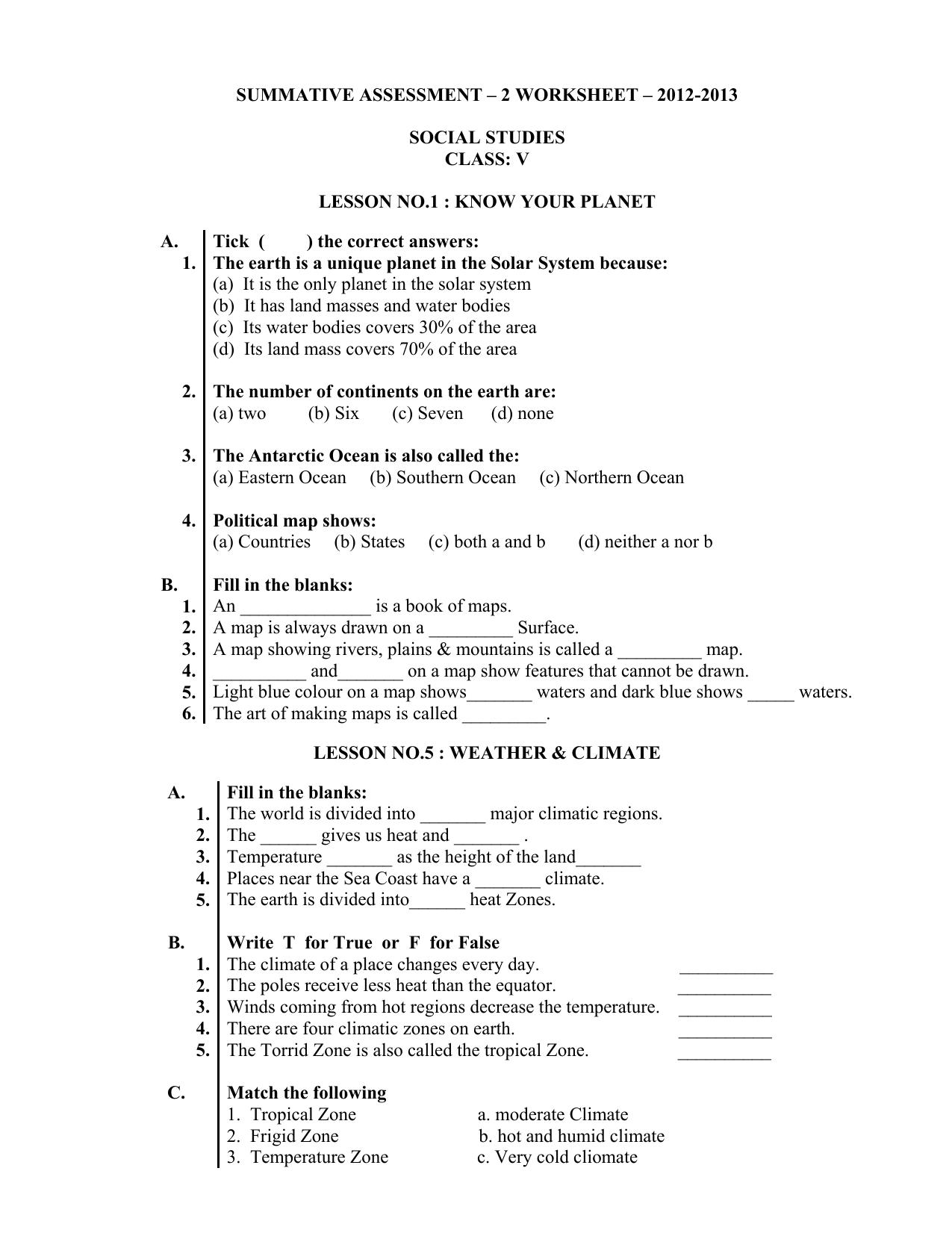 Worksheet for Class 5 Social Science Assignment 1 - Page 1