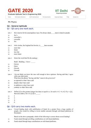 GATE 2020 Physics (PH) Question Paper