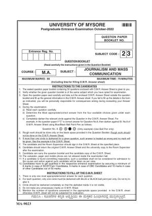 Mysore University PG Entrance Exam 2022: Journalism and Mass Communication Question Paper