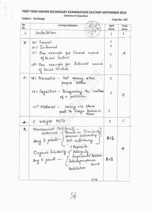 Kerala Plus One 2016 Sociology Improvement Answer Key