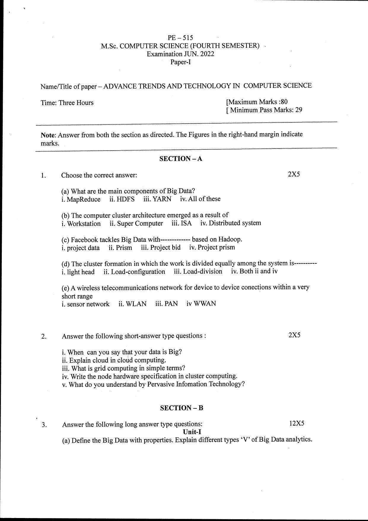Bilaspur University Question Paper June 2022: M.Sc. Computer Science (Fourth Semester) Advance Trends And Technology In Computer Science Paper 1 - Page 1