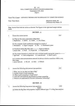 Bilaspur University Question Paper June 2022: M.Sc. Computer Science (Fourth Semester) Advance Trends And Technology In Computer Science Paper 1