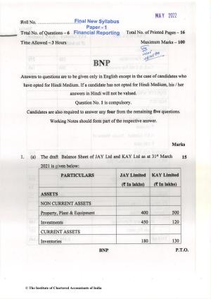 CA Final May 2022 Question Paper - Paper 1 – Financial Reporting