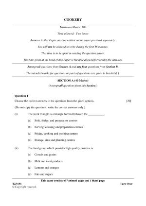 ICSE Class 10 COOKERY 2023 Question Paper
