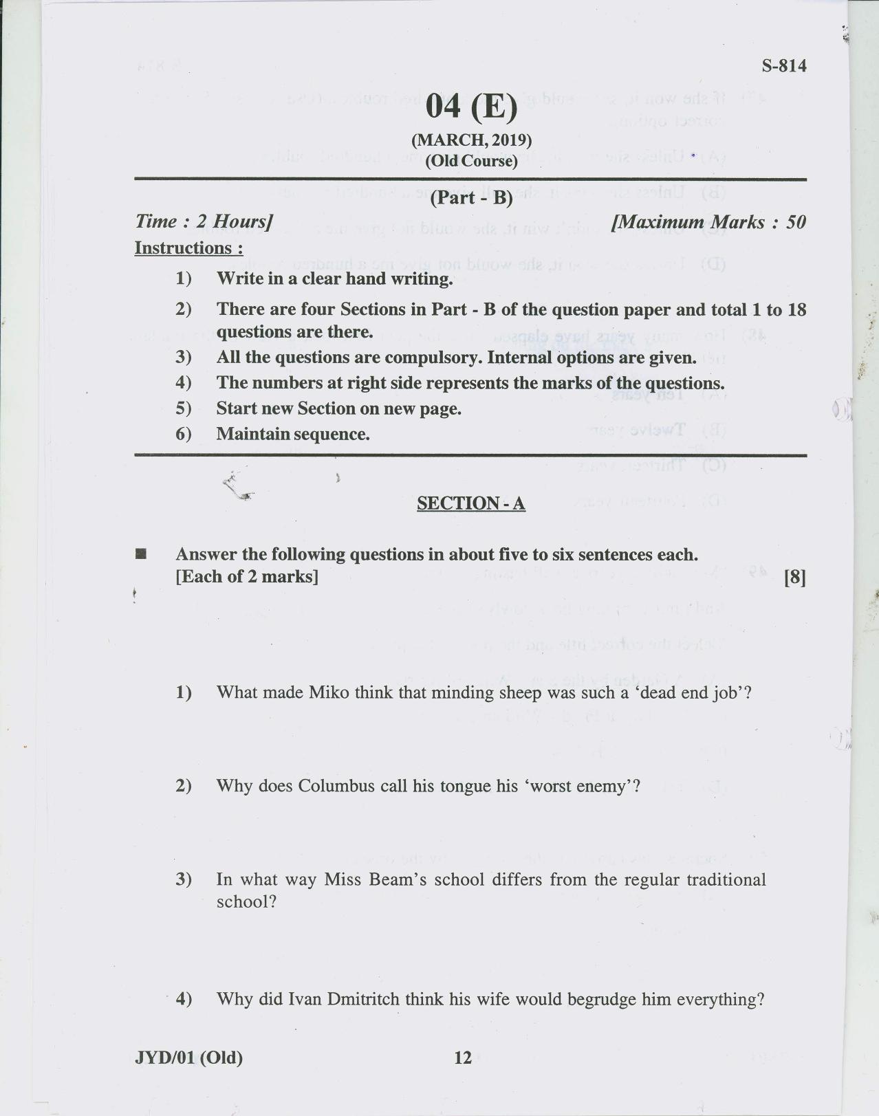 Gujarat Board Class 10th ENGLISH OLD COURSE 2019 Question Paper - Page 12