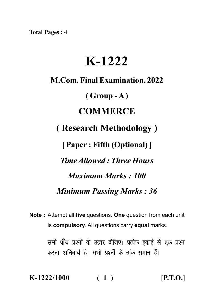 Sarguja University Question Paper - 2022 : M.Com. (Final) Research Methodology Paper I - Page 1
