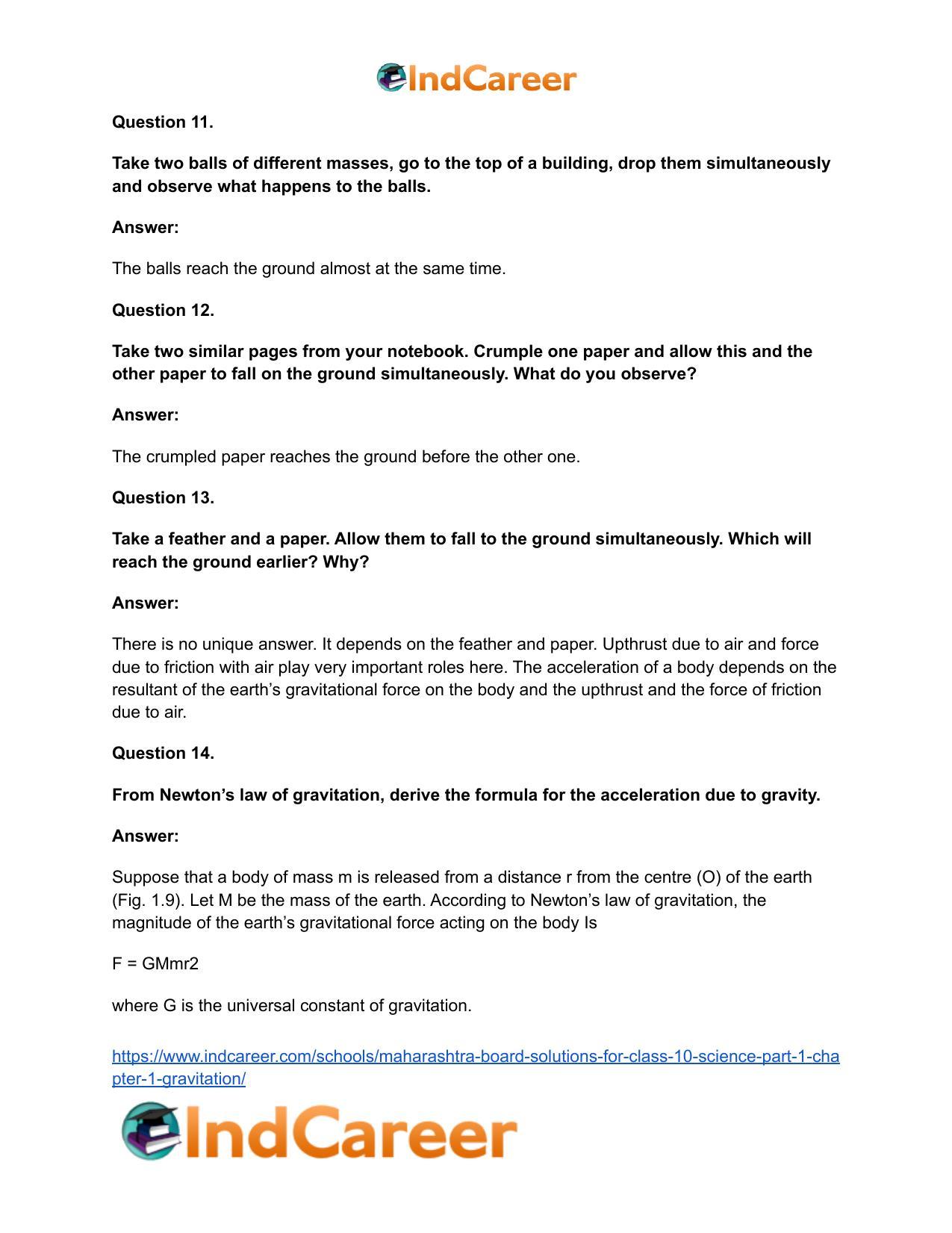 Maharashtra Board Solutions for Class 10- Science (Part 1): Chapter 1- Gravitation - Page 39