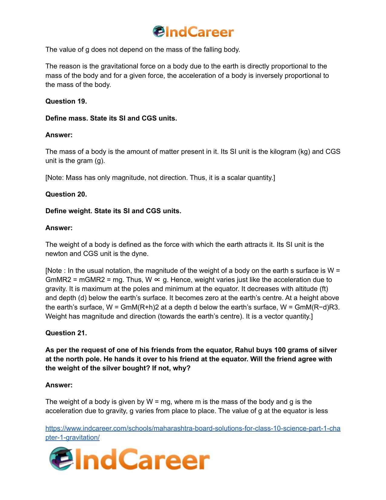 Maharashtra Board Solutions for Class 10- Science (Part 1): Chapter 1- Gravitation - Page 42