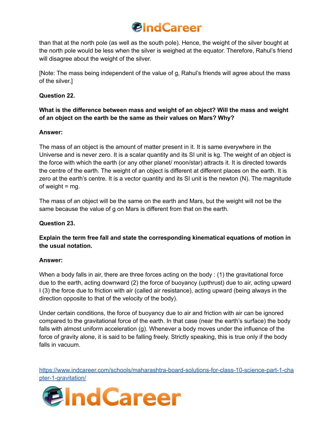 Maharashtra Board Solutions for Class 10- Science (Part 1): Chapter 1- Gravitation - Page 43