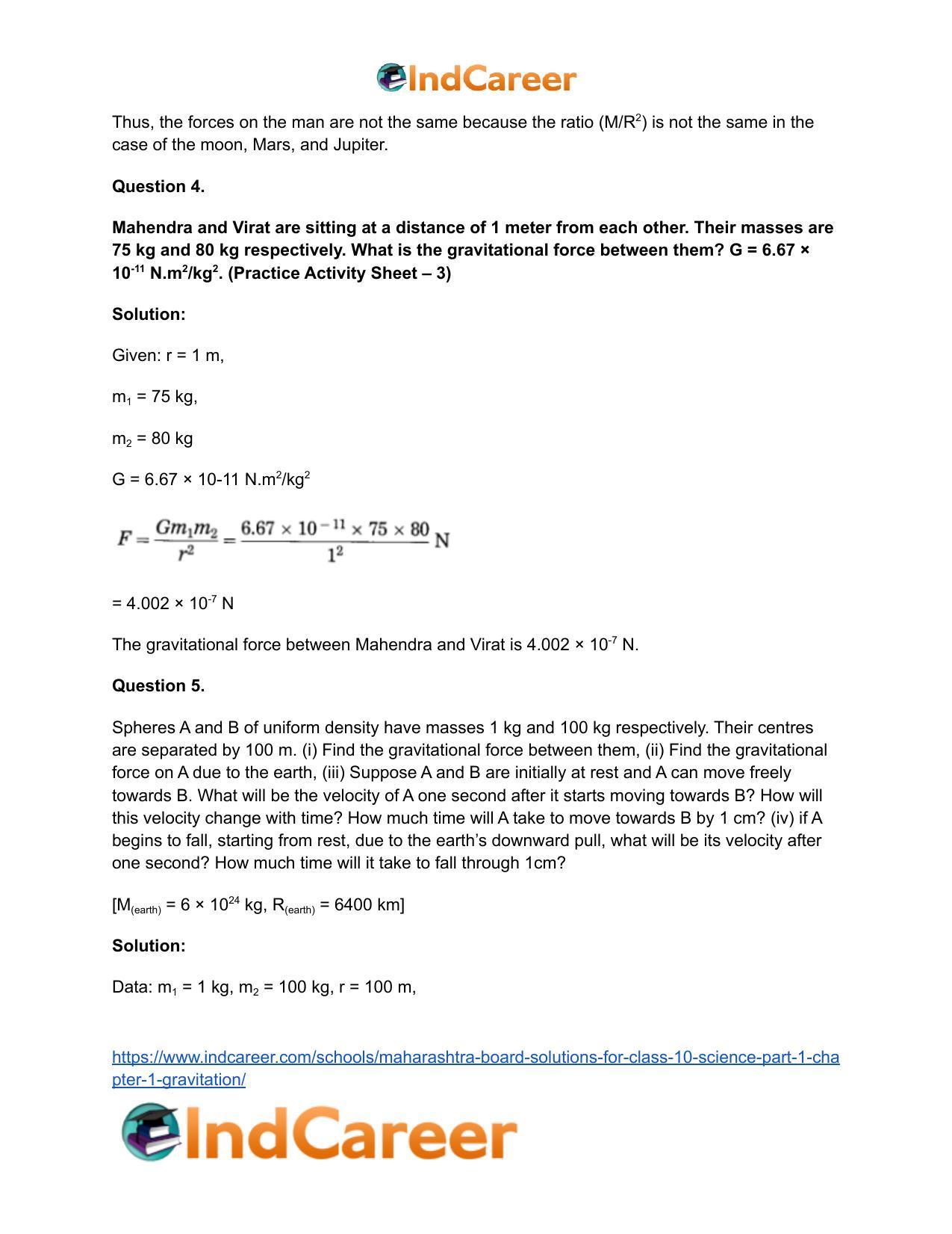 Maharashtra Board Solutions for Class 10- Science (Part 1): Chapter 1- Gravitation - Page 52