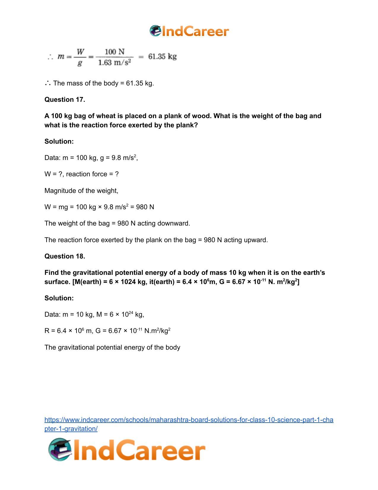 Maharashtra Board Solutions for Class 10- Science (Part 1): Chapter 1- Gravitation - Page 61