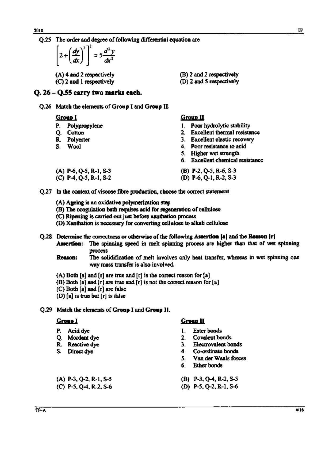 GATE 2010 Textile Engineering and Fibre Science (TF) Question Paper with Answer Key - Page 4